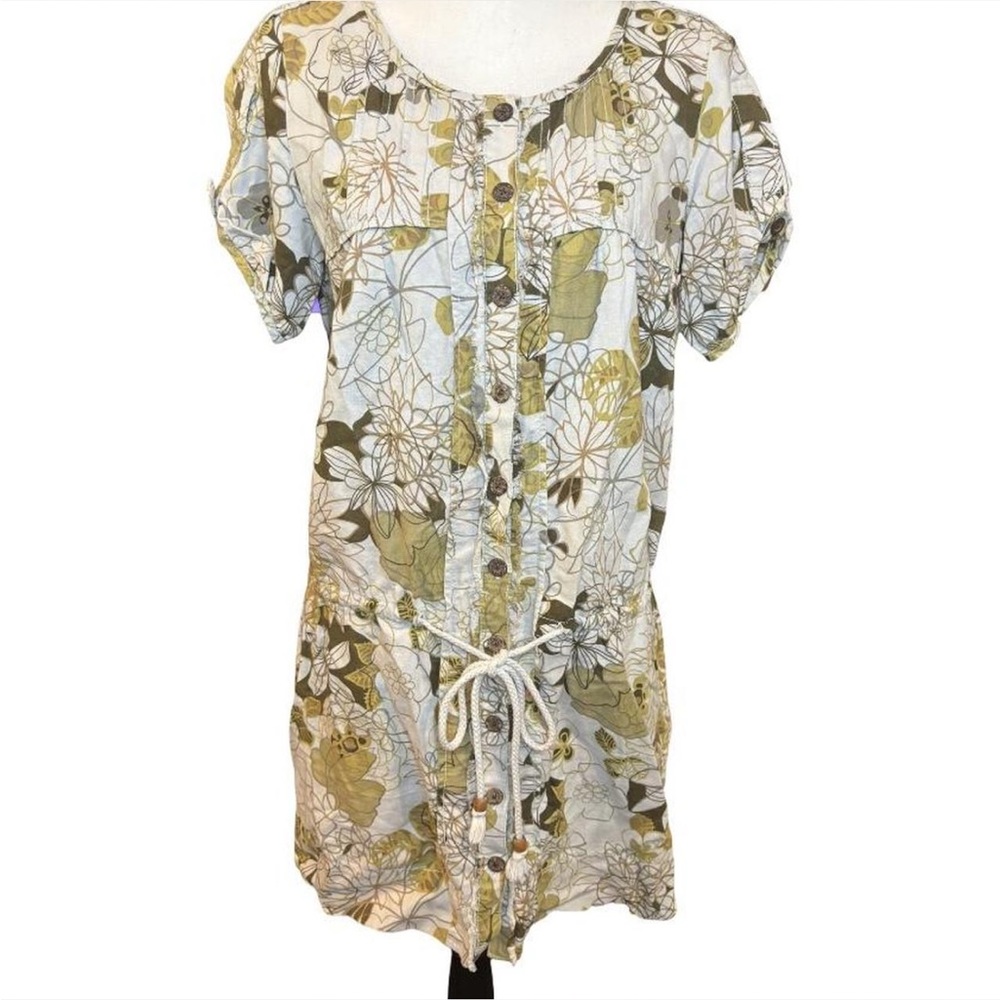 Linen blend Floral Button-Down Tunic Dress